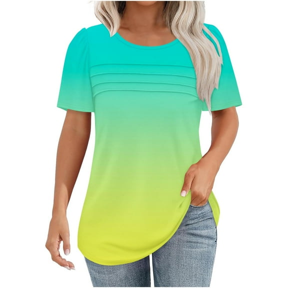 fatyb Womens Gradient Color Shirts Short Sleeve Crewneck Casual Tunic Tops Pleated Loose Dressy Blouses