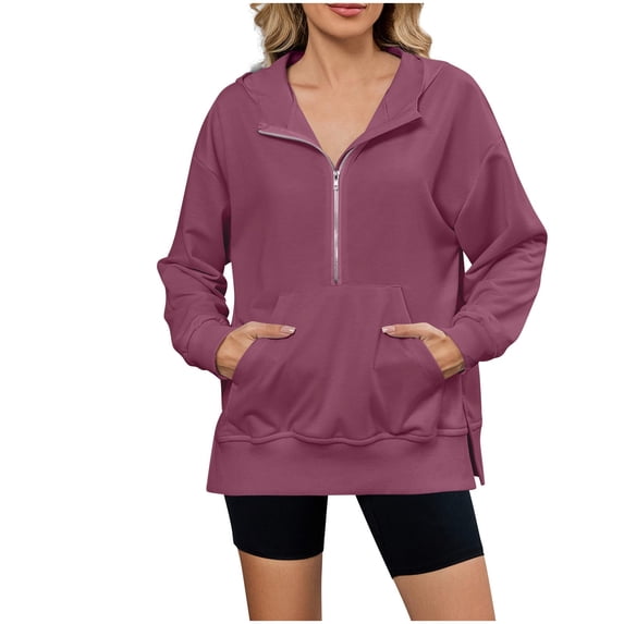 fatyb Womens Half Zip Hoodies Long Sleeve Hooded Sweatshirts Split Casual Loose Pullover with Pocket