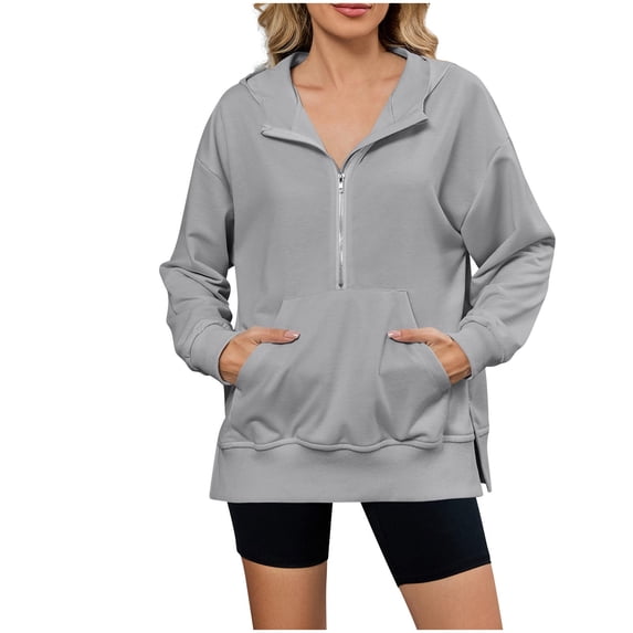 fatyb Womens Half Zip Hoodies Long Sleeve Hooded Sweatshirts Split Casual Loose Pullover with Pocket