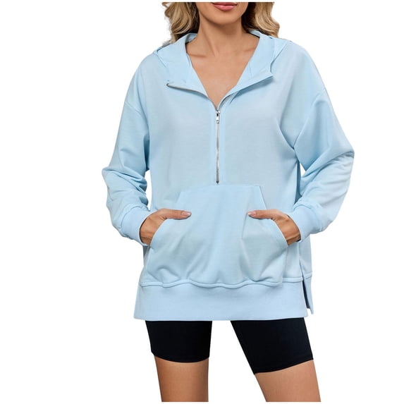fatyb Womens Half Zip Hoodies Long Sleeve Hooded Sweatshirts Split Casual Loose Pullover with Pocket
