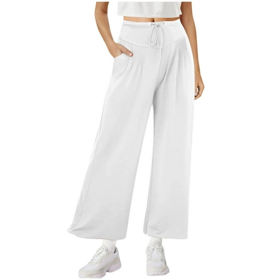 fatyb Womens High Waisted Drawstring Wide Leg Pants Casual Pleated Full Length Lounge Pants with Pockets