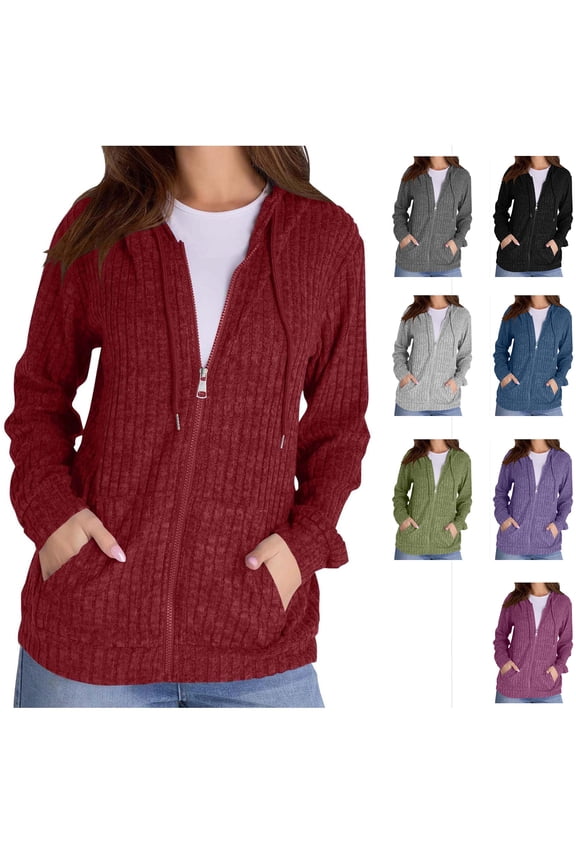 Womens Knitted Zip up Hoodies Casual Drawstring Long Sleeve Lightweight Sweater Jacket with Pockets