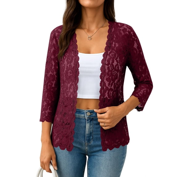 fatyb Womens Lace Cardigans 3/4 Sleeve Loose Hollow out Lightweight Summer Dressy Beach Coverup Tops