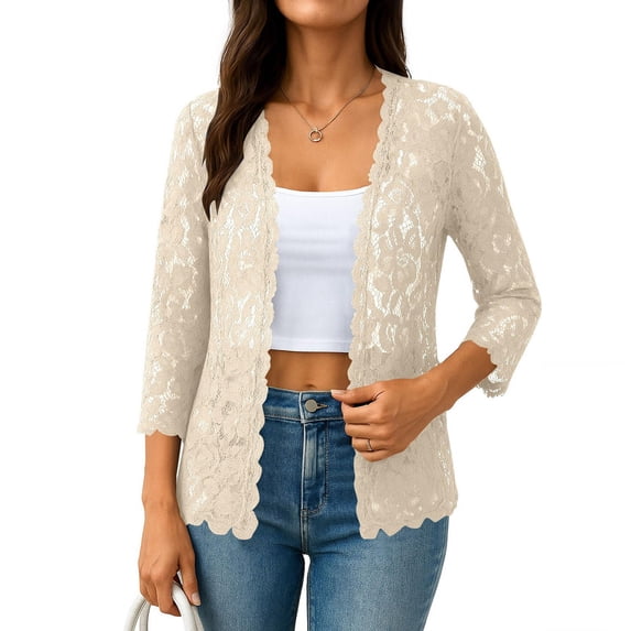 fatyb Womens Lace Cardigans 3/4 Sleeve Loose Hollow out Lightweight Summer Dressy Beach Coverup Tops