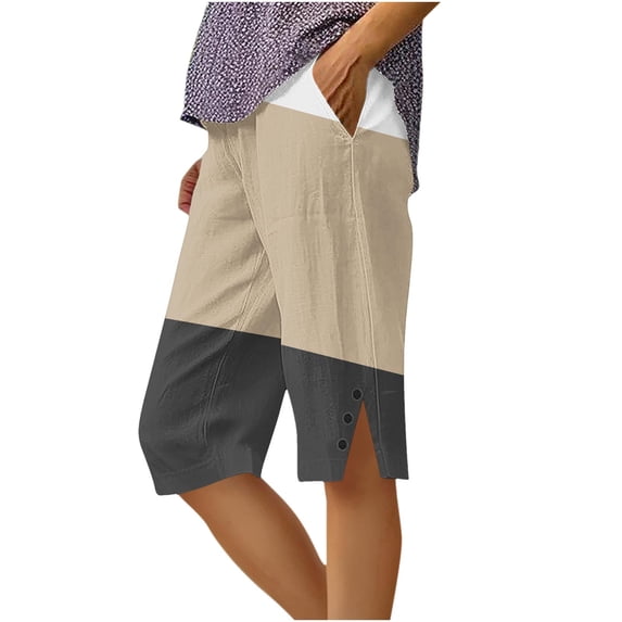 fatyb Womens Long Shorts Elastic Waist Straight Leg Shorts Side Split Knee Length Casual Shorts with Pockets