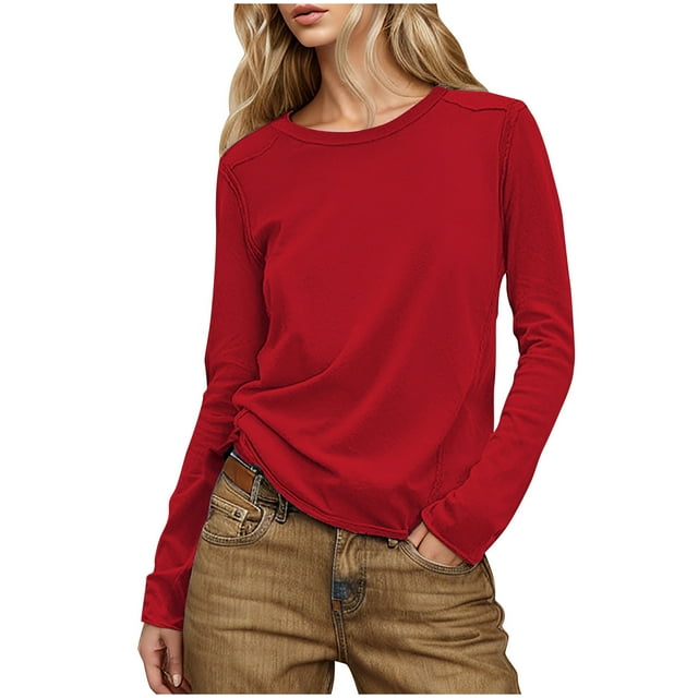 fatyb Womens Long Sleeve Crewneck Shirts Casual Solid Color Tops Pullover Summer Basic Tee for Women
