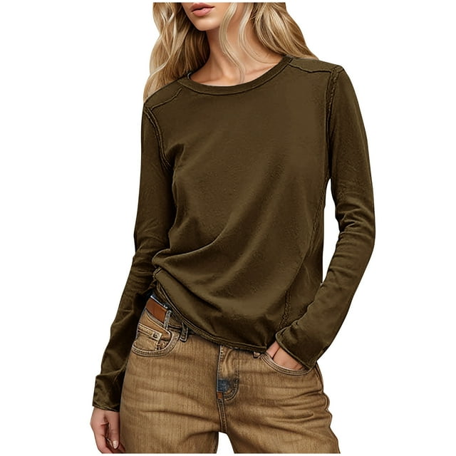 fatyb Womens Long Sleeve Crewneck Shirts Casual Solid Color Tops Pullover Summer Basic Tee for Women