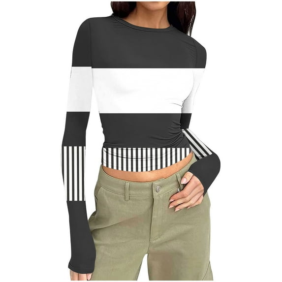 fatyb Womens Long Sleeve Crop Tops Crew Neck Slim Tshirts Stretch Casual Basic Tee Cute Going out Tops