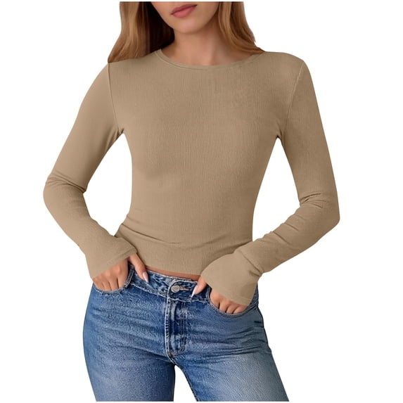 fatyb Womens Long Sleeve Slim T Shirts Lightweight Going out Tops Crew Neck Solid Color Casual Basic Tee