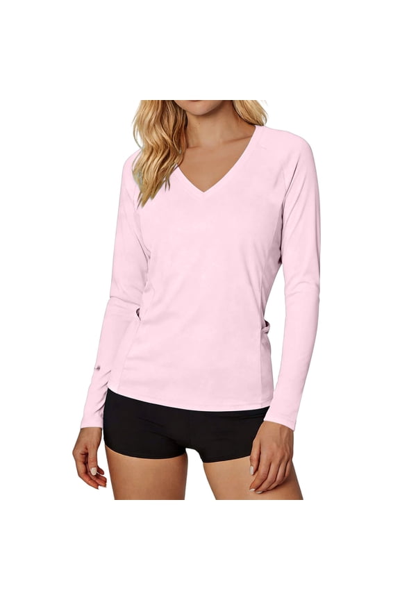 Womens Long Sleeve Sun Shirts with Pockets V Neck Lightweight Athletic Running Workout Tee Tops