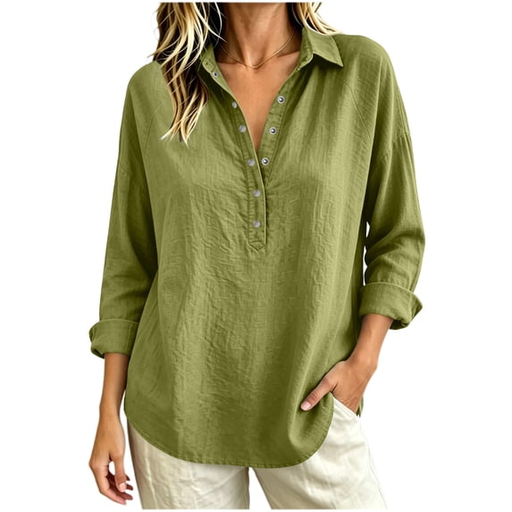 fatyb Womens Long Sleeve Tops Half Button up Pullover Collared Casual Plain Lightweight Tee Blouses