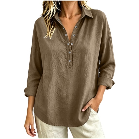 fatyb Womens Long Sleeve Tops Half Button up Pullover Collared Casual Plain Lightweight Tee Blouses