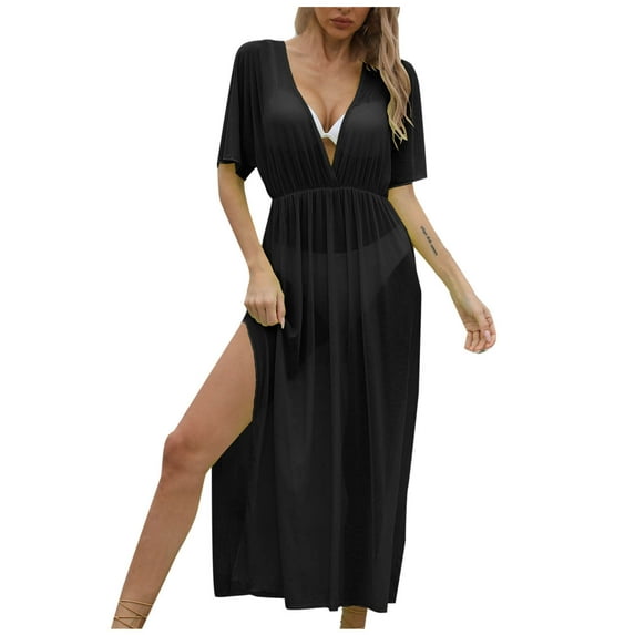 fatyb Womens Mesh Cover up Beachwear High Split Long Bikini Dress V Neck Lightweight Bathing Suit Coverup