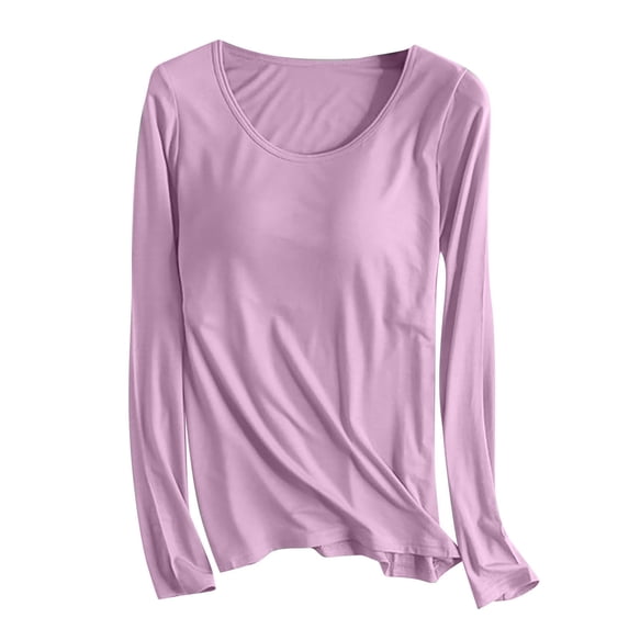 fatyb Womens Modal Padded T-Shirts Long Sleeve Pajama Tops Built-In Bras Soft Workout Tops for Women