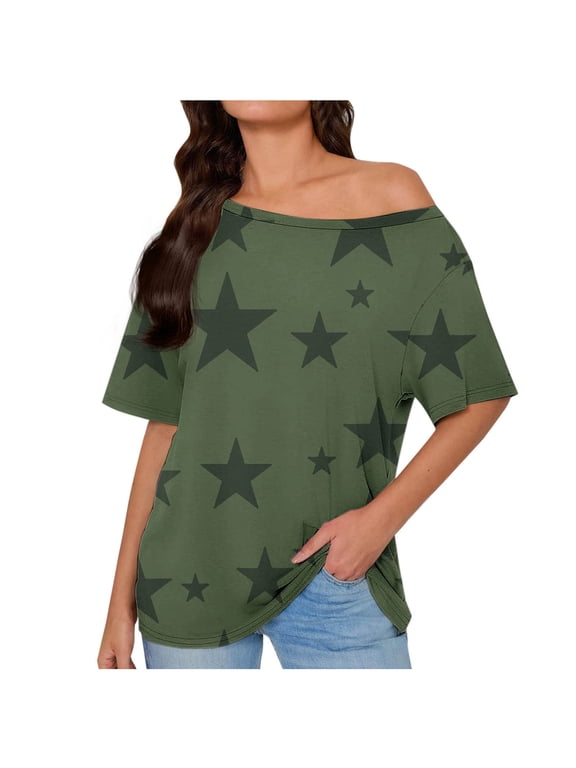 Womens One Shoulder Tops Short Sleeve Loose T Shirts Print Summer Casual Blouses for Women