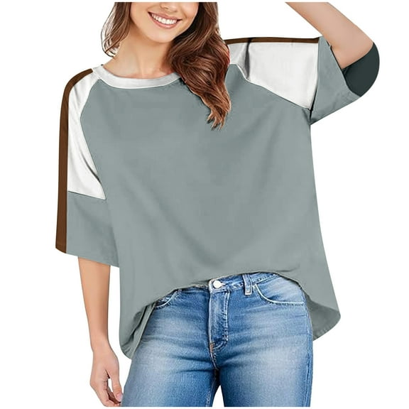 fatyb Womens Oversized T-Shirts Color Block Short Sleeve Summer Tee Tops Casual Loose Crew Neck Shirts