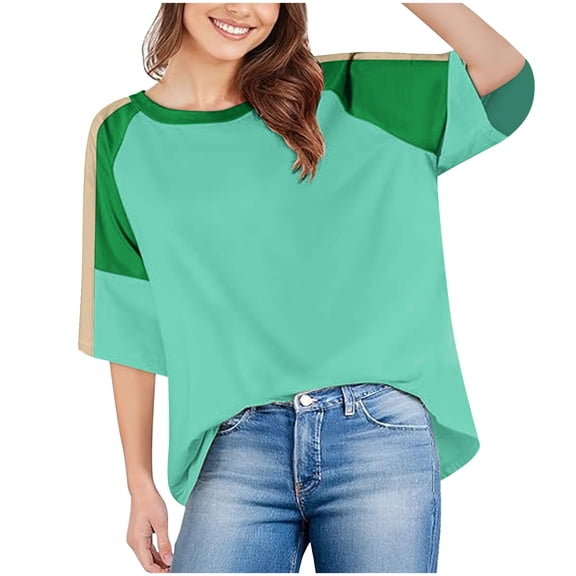 fatyb Womens Oversized T-Shirts Color Block Short Sleeve Summer Tee Tops Casual Loose Crew Neck Shirts