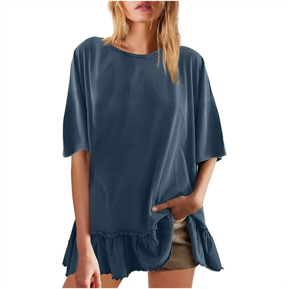 fatyb Womens Oversized T Shirts Ruffle Hem Short Sleeve Tee Shirts Loose Casual Crew Neck Summer Tops