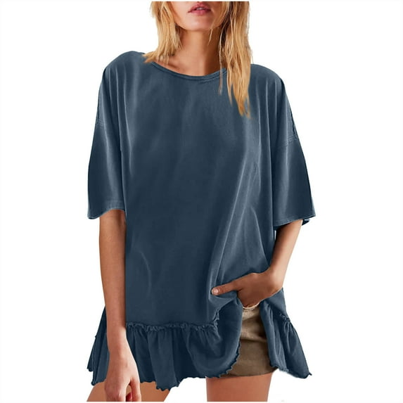 fatyb Womens Oversized T Shirts Ruffle Hem Short Sleeve Tee Shirts Loose Casual Crew Neck Summer Tops