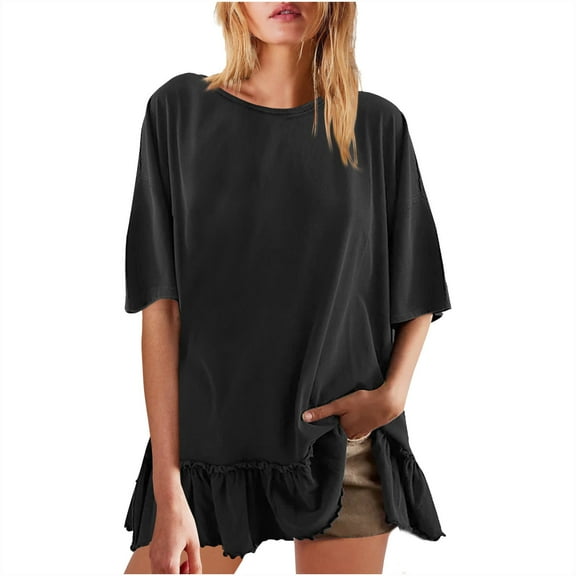 fatyb Womens Oversized T Shirts Ruffle Hem Short Sleeve Tee Shirts Loose Casual Crew Neck Summer Tops