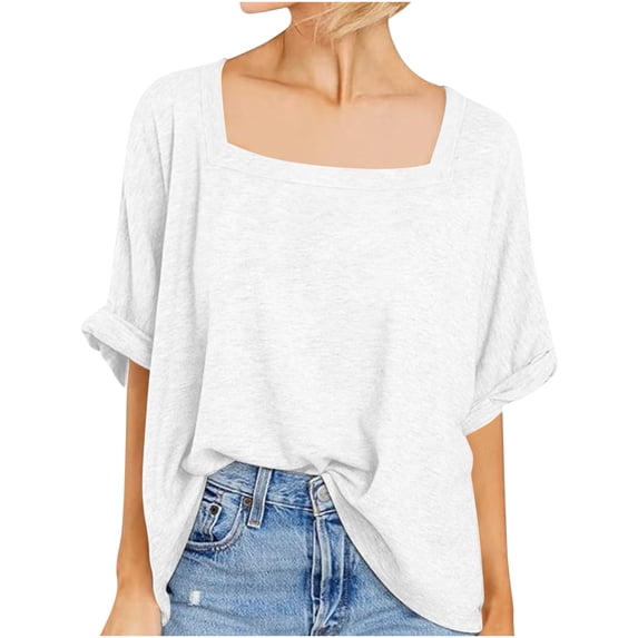 fatyb Womens Oversized Tops Square Neck and V Neck T-Shirts Short Sleeve Tee Casual Loose Blouse Shirts