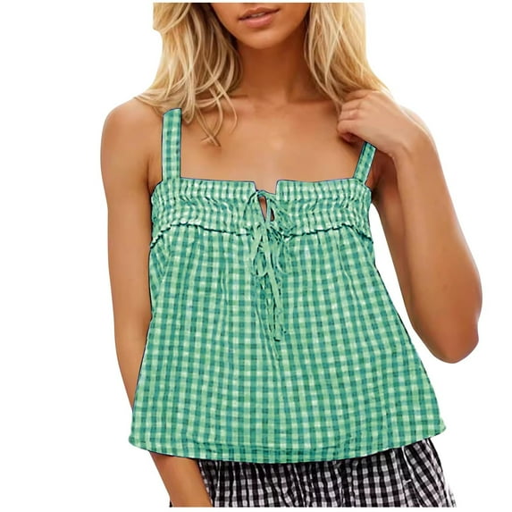 fatyb Womens Plaid Tank Tops Square Neck Tie Front Shirts for Women Crop Sleeveless Summer Going out Tops