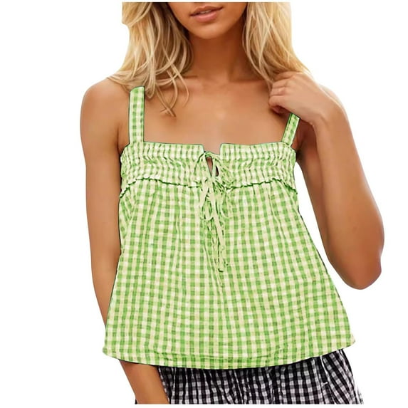 fatyb Womens Plaid Tank Tops Square Neck Tie Front Shirts for Women Crop Sleeveless Summer Going out Tops