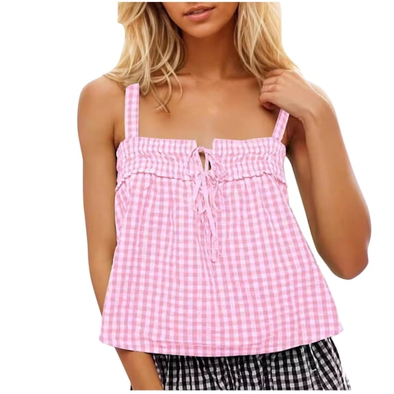 fatyb Womens Plaid Tank Tops Square Neck Tie Front Shirts for Women Crop Sleeveless Summer Going out Tops