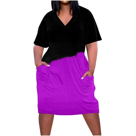 fatyb Womens Plus Size Summer Dresses Printed V Neck Casual Short Sleeve T Shirt Dresses with Pockets