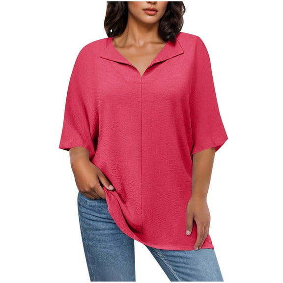 fatyb Womens Plus Size Tops 3/4 Length Sleeve Tshirts with Collar Casual Loose Tee Blouses for Women