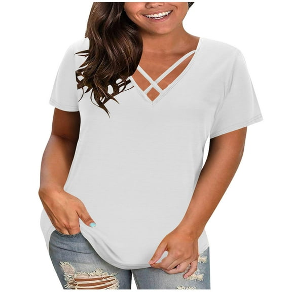 fatyb Womens Plus Size Tops Criss Cross V Neck Loose T-Shirts Casual Short Sleeve Solid Color Blouses