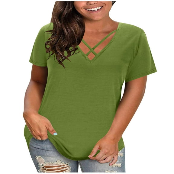 fatyb Womens Plus Size Tops Criss Cross V Neck Loose T-Shirts Casual Short Sleeve Solid Color Blouses