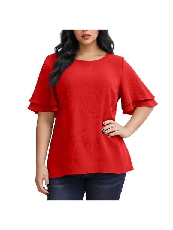 Womens Plus Size Tops Double Ruffle Short Sleeve Blouses Flowy Tunic Summer Crew Neck Tee Tops