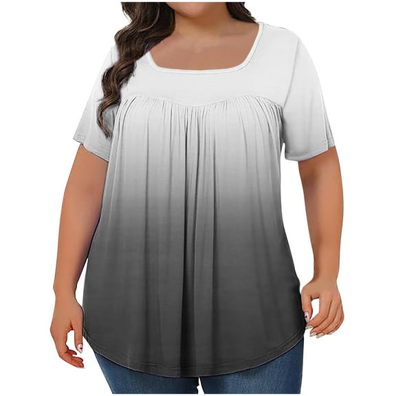 fatyb Womens Plus Size Tops Pleated Square Neck Loose T Shirts Gradient Print Tunic Summer Casual Blouses