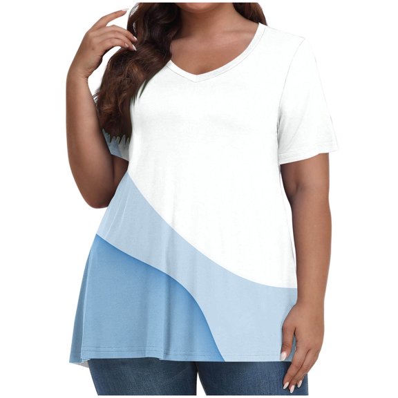 fatyb Womens Plus Size Tops Printed V Neck Short Sleeve Blouses Casual Tunic Summer Graphic Tee Shirts