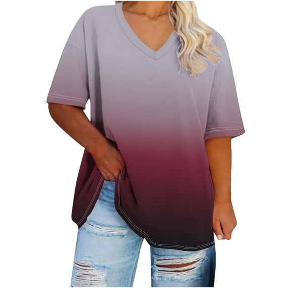 fatyb Womens Plus Size Tops V Neck Oversized T-Shirts Short Sleeve Gradient Color Summer Tee Blouses
