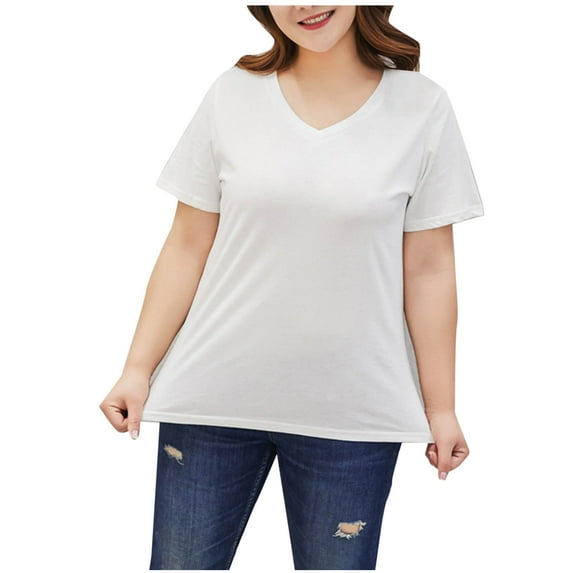 fatyb Womens Plus Size Tops V Neck Solid Color Tee Tops for Women Casual Short Sleeve Summer T-Shirts