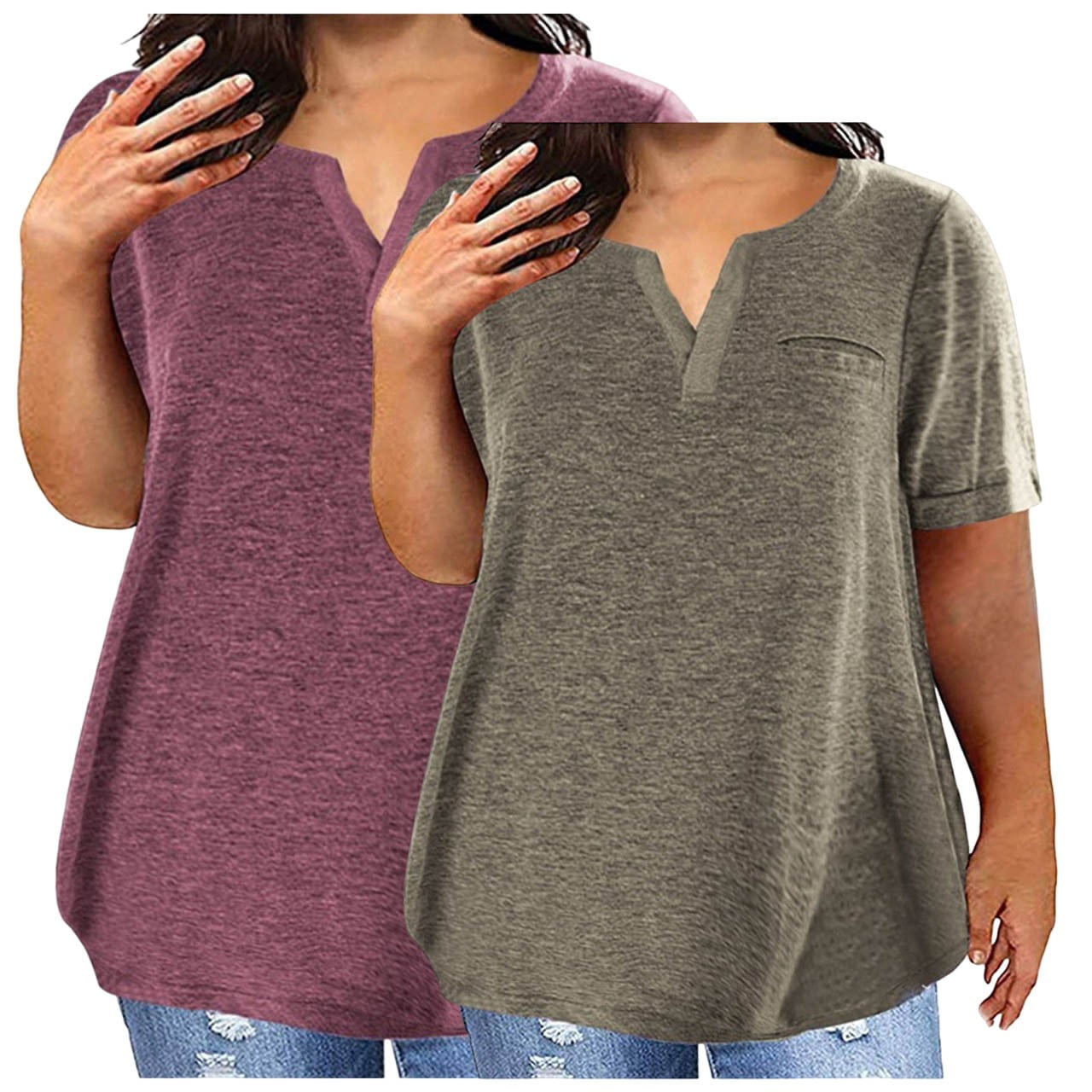 Plus Size V-Neck Short Sleeve Ribbed T-Shirt