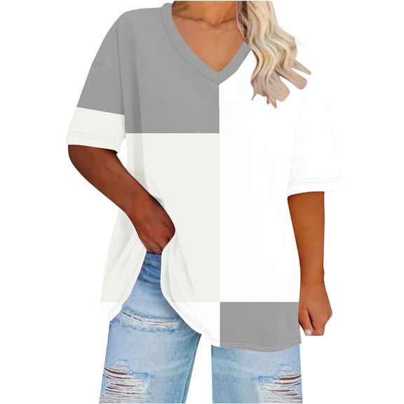 fatyb Womens Plus Size V Neck T Shirts Short Sleeve Color Block Tee Summer Casual Loose Tops for Women