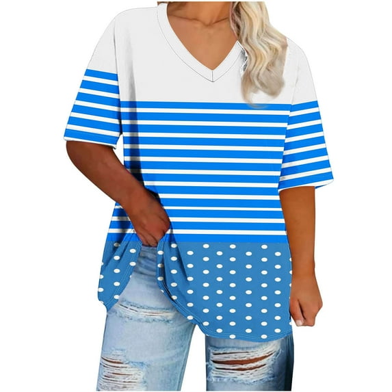fatyb Womens Plus Size V Neck T Shirts Short Sleeve Print Tee Tops Casual Summer Loose Tunic Blouses