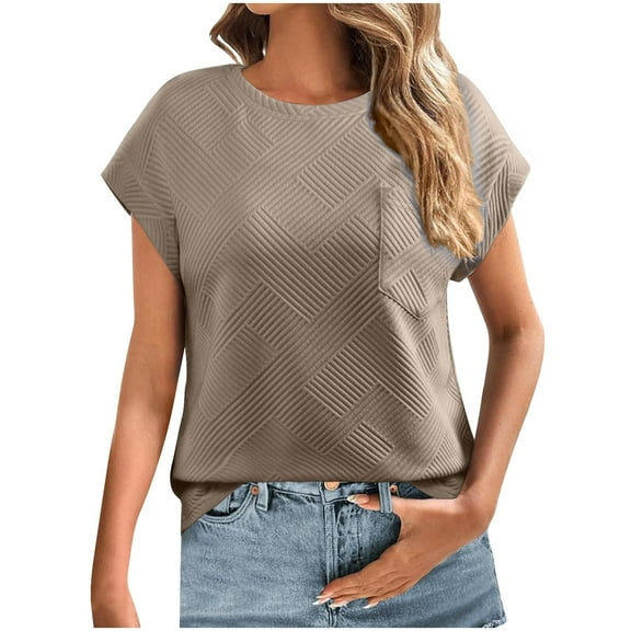 fatyb Womens Pocket T Shirts Cap Sleeve Casual Crewneck Textured Tops Solid Color Dressy Tee Blouses