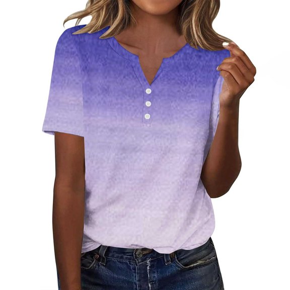 fatyb Womens Print Short Sleeve Shirts Button V Neck Loose Casual Tshirts Summer Fashion Tops for Women