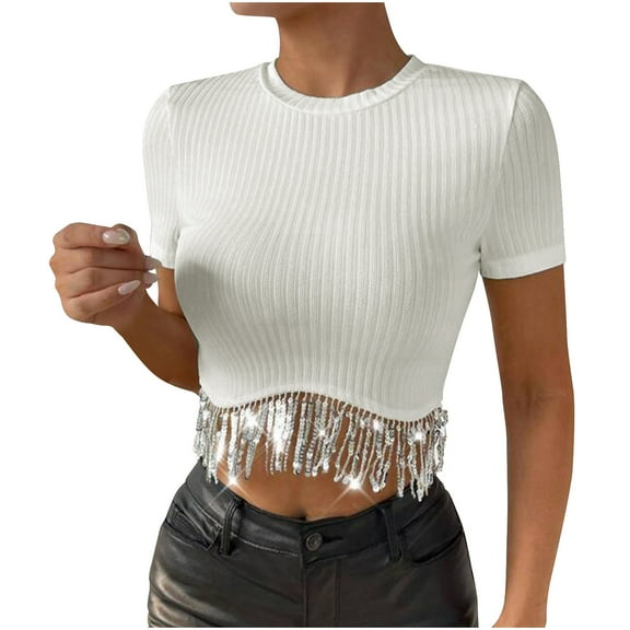 fatyb Womens Ribbed Crop Tops with Sequin Fringe Sparkly Short Sleeve Tshirts Round Neck Knit Tee Tops