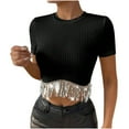 thumbnail image 1 of fatyb Womens Ribbed Crop Tops with Sequin Fringe Sparkly Short Sleeve Tshirts Round Neck Knit Tee Tops, 1 of 7