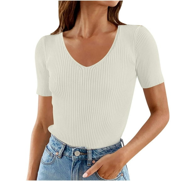 fatyb Womens Ribbed T Shirts Slim V Neck Basic Knit Tees Short Sleeve Solid Color Casual Summer Tops