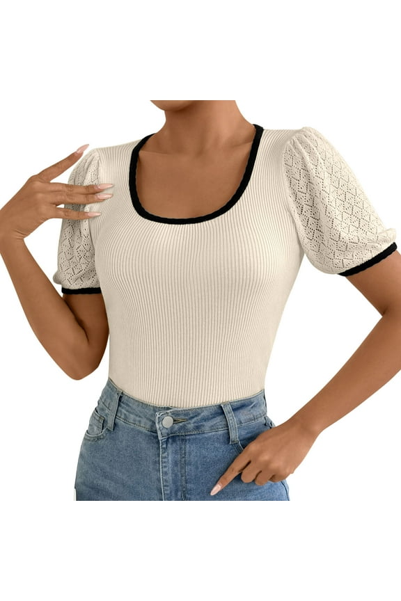 Womens Ribbed T-Shirts Square Neck Slim Basic Tee Tops Short Sleeve Patchwork Tshirts for Women
