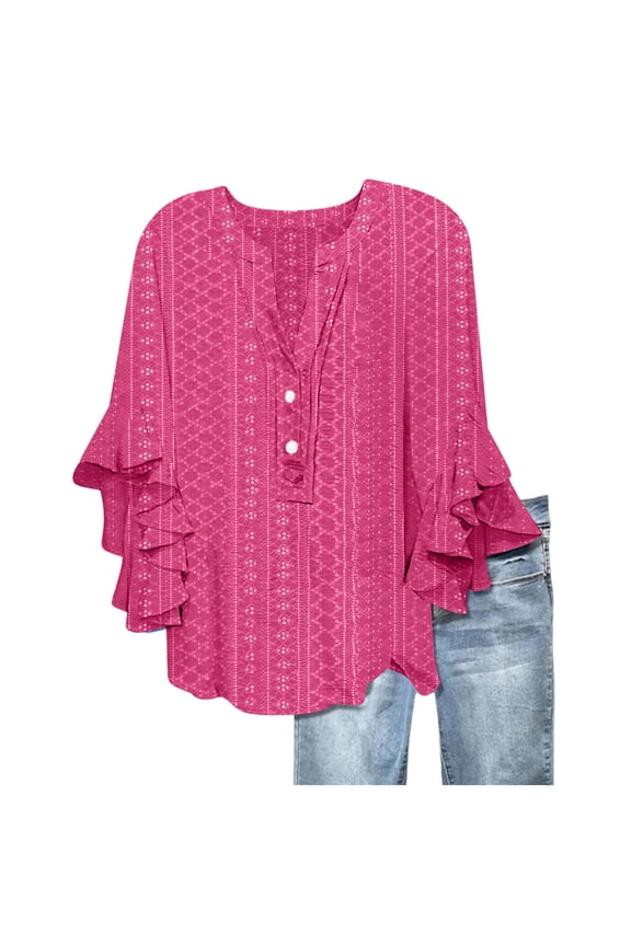 Womens Ruffle 3/4 Sleeve Tops Eyelet Embroidery Button V Neck Shirts Flowy Loose Elegant Blouses