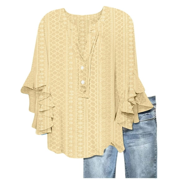 fatyb Womens Ruffle 3/4 Sleeve Tops Eyelet Embroidery Button V Neck Shirts Flowy Loose Elegant Blouses