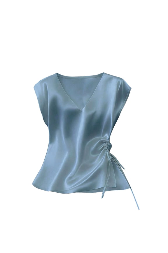 Womens Satin Blouses V Neck Side Drawstring Elegant Shirts Casual Summer Lightweight Dressy Tops