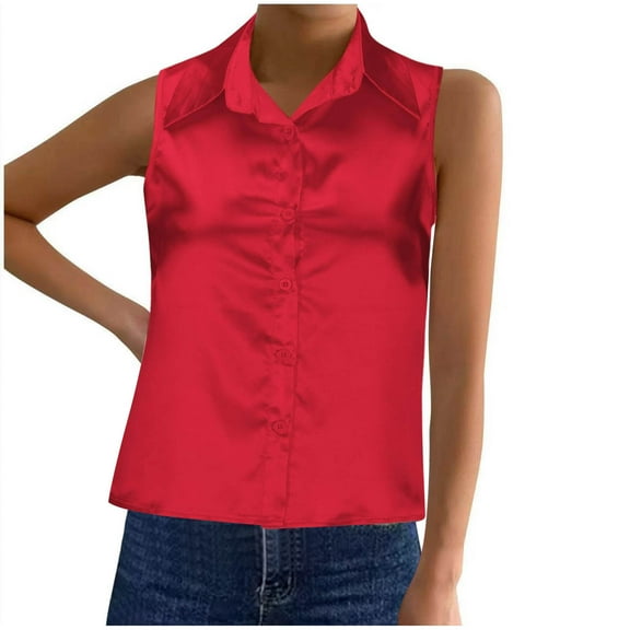 fatyb Womens Satin Tank Tops with Collar Button down Sleeveless Blouses Elegant Business Office Shirts